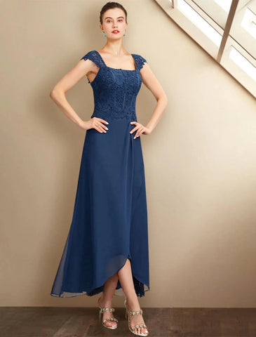 Zweiteiliges A-Linien-Kleid für die Mutter der Braut, Kirche, Übergröße, elegant, hoch und tief, quadratischer Ausschnitt, asymmetrisch, knielang, Chiffon, Spitze, kurze Ärmel, Wickelkleid inklusive Applikationen