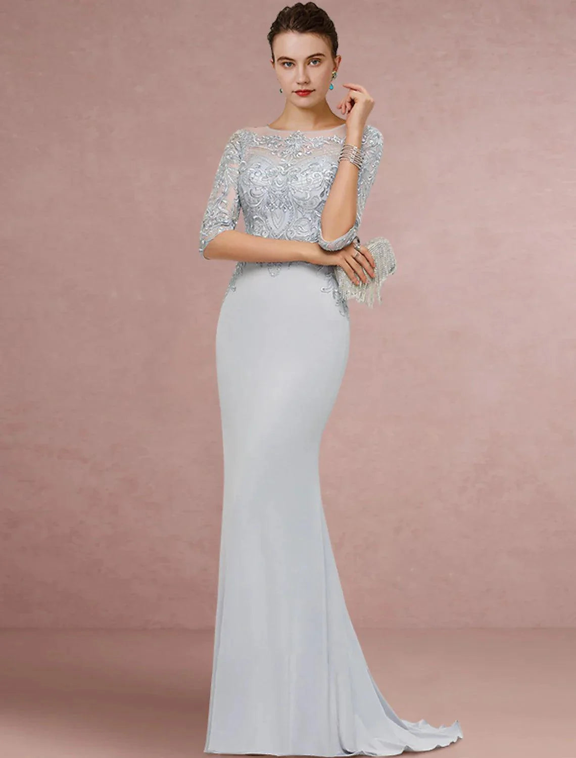 Vestido tubinho/coluna para mãe da noiva, convidada de casamento, vintage, elegante, decote redondo, cauda longa/escova, chiffon, renda, meia manga com lantejoulas