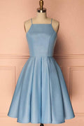 Robe de bal de promo courte bleue sans manches à col halter PD369