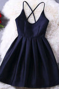 Vestido de Fiesta Corto para el Baile de Regreso a Casa Azul Marino Oscuro con Tirantes Cruzados PD370
