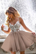 Homecoming-Kleid, Spitzenmieder, Spaghettiträger, V-Ausschnitt, Mini-Partykleider, PD420