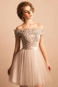 Homecoming-Kleid, schulterfrei, Spitze, kurzes Ballkleid, Partykleid, PD352
