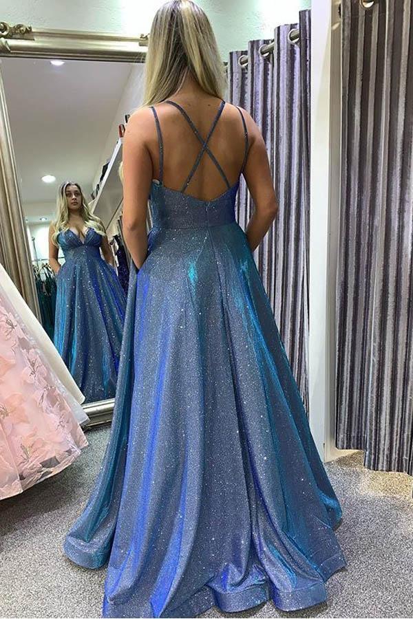 Heißes sexy A-Linie Spaghettiträger Blau Langes Ball-/Abendkleid PSK187