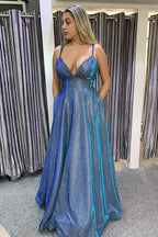 Heißes sexy A-Linie Spaghettiträger Blau Langes Ball-/Abendkleid PSK187