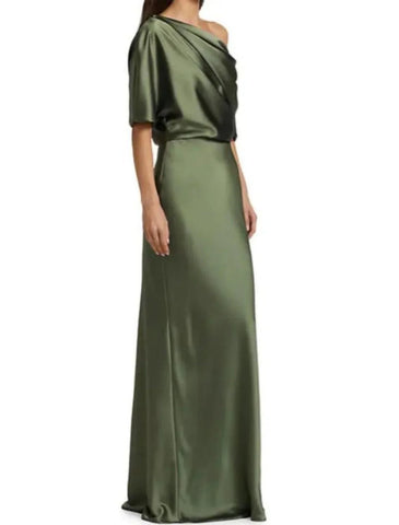 Etuikleid/Säulenkleid für die Brautmutter, Herbst, Hochzeitsgast, Party, elegant, schulterfrei, Sweep/Pinselzug, Satin, halbe Ärmel mit Rüschen
