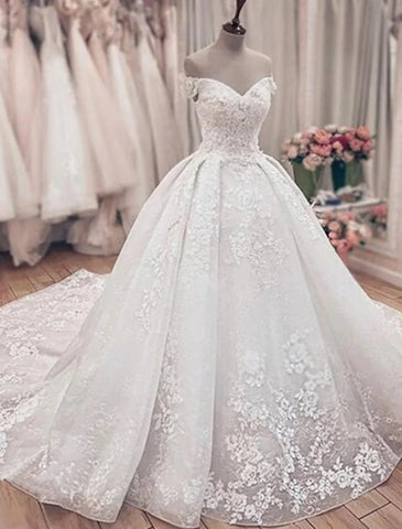 Verlobungs- und formelle Brautkleider Ballkleid mit schulterfreiem Flügelärmeln Kapellenschleppe, Spitze, Brautkleider mit Applikationen, Sommer- und Herbsthochzeitsfeier