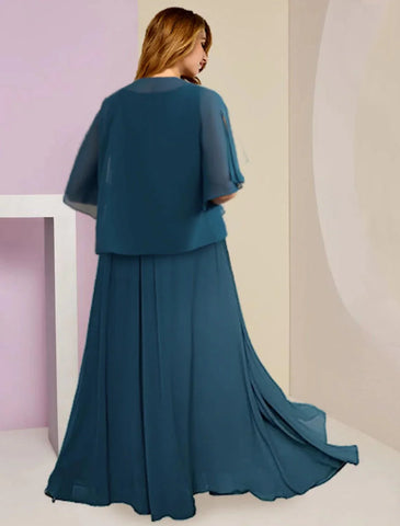 Zweiteiliges A-Linien-Kleid für die Mutter der Braut, formelle Hochzeitsgäste, Übergröße, Bauch verbergen, elegant, V-Ausschnitt, bodenlang, Chiffon, Spitze, ärmellos, mit gerüschten Applikationen