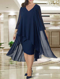 Abito da Madrina della Sposa Plus Size con Scollo a V, Lunghezza al Ginocchio, Manica 3/4 in Chiffon, con Perline, Balze e Arricciature a Fodera/Colonna