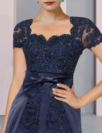 Vestido de mãe da noiva de duas peças, estilo coluna, formal, para convidada de casamento, elegante, decote quadrado, comprimento até ao joelho, chiffon, renda, manga curta com laço(s), missangas