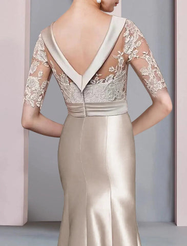 Meerjungfrau/Trompete Kleid für die Brautmutter, formelle Kleider für Hochzeitsgäste im Herbst, elegant, hoch und tief, U-Ausschnitt, Pinselschleppe, asymmetrisch, Satin, Spitze, halbe Ärmel mit Schleife(n), Applikationen