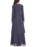 Vestido de mãe da noiva em duas peças, corte A, elegante, em forma de coração, assimétrico, comprimento até ao tornozelo, em chiffon, manga comprida, com pregadeira de cristal, franzido, cor sólida