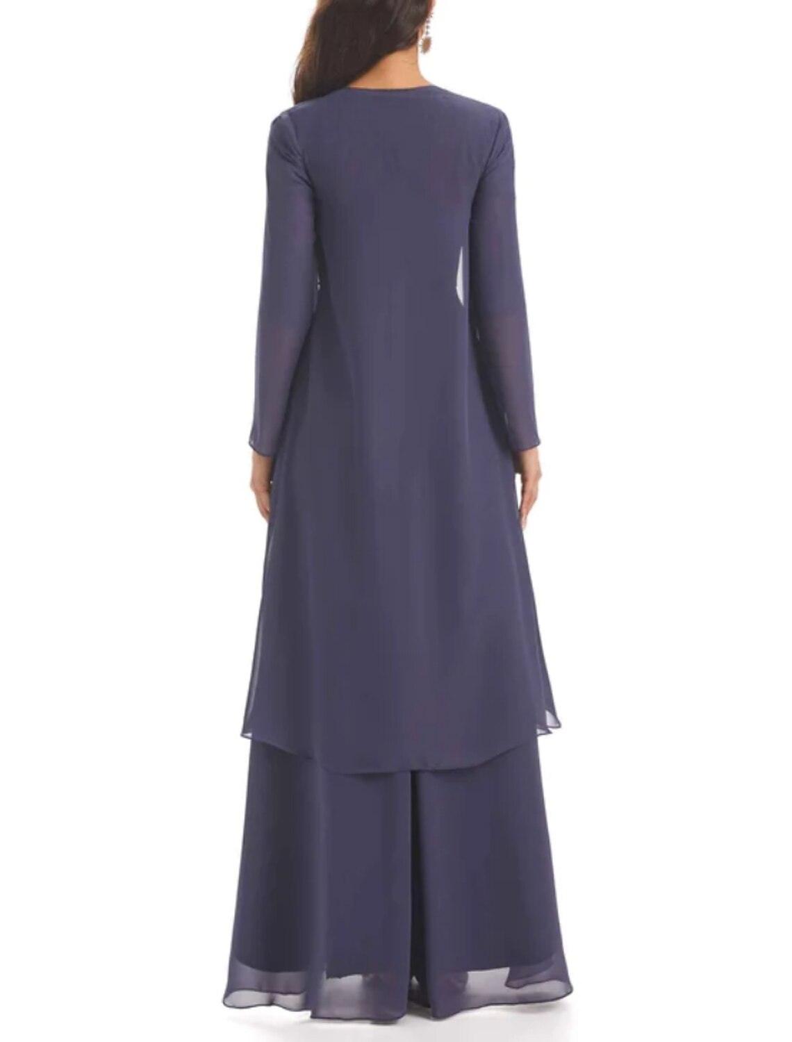 Vestido de mãe da noiva em duas peças, corte A, elegante, em forma de coração, assimétrico, comprimento até ao tornozelo, em chiffon, manga comprida, com pregadeira de cristal, franzido, cor sólida