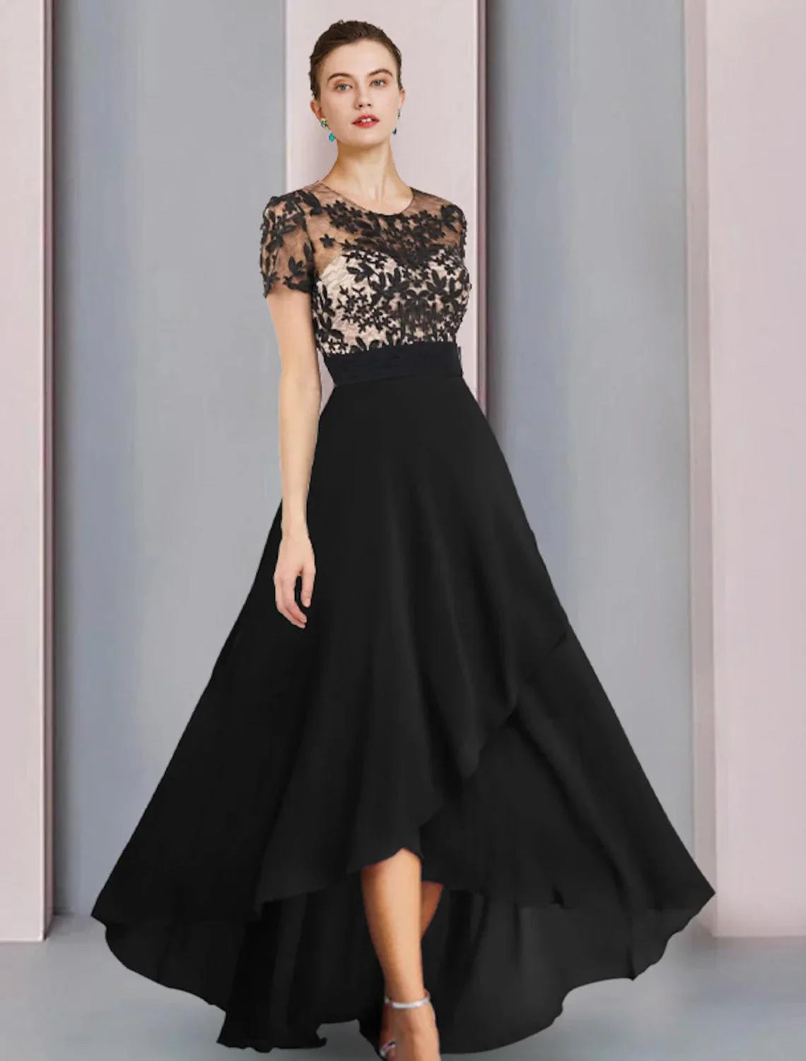 Vestido de mãe da noiva com bainha/coluna, para convidada de casamento, vintage, elegante, decote redondo, assimétrico, chiffon, manga curta com pregas de renda