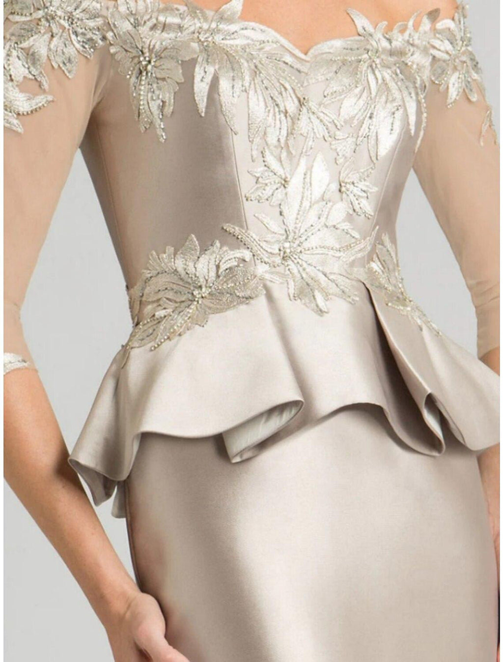 Mermaid / Trumpet Mother of the Bride Dress Wedding Guest Party Elegant Off Shoulder Floor Length Stretch Satin 3/4 Length Sleeve with Lace Sequin Ruching