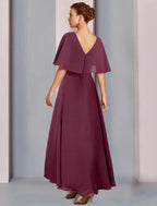 Vestido de festa para mãe da noiva, bainha/coluna, elegante, decote em V, assimétrico, chiffon, renda, meia manga, com pregas, lantejoulas