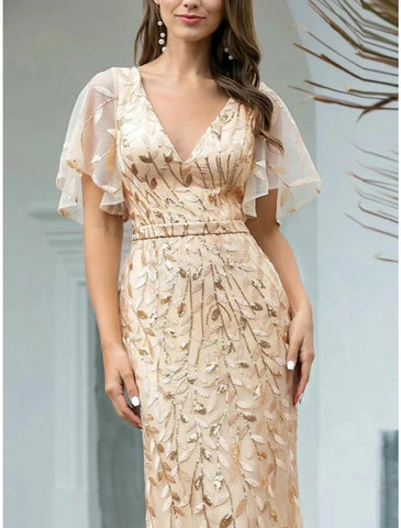 Meerjungfrau/Trompete Kleid für die Mutter der Braut, Hochzeitsgast, funkelnd und glänzend, elegant, V-Ausschnitt, bodenlang, mit Pailletten, kurze Ärmel mit Falten, Pailletten