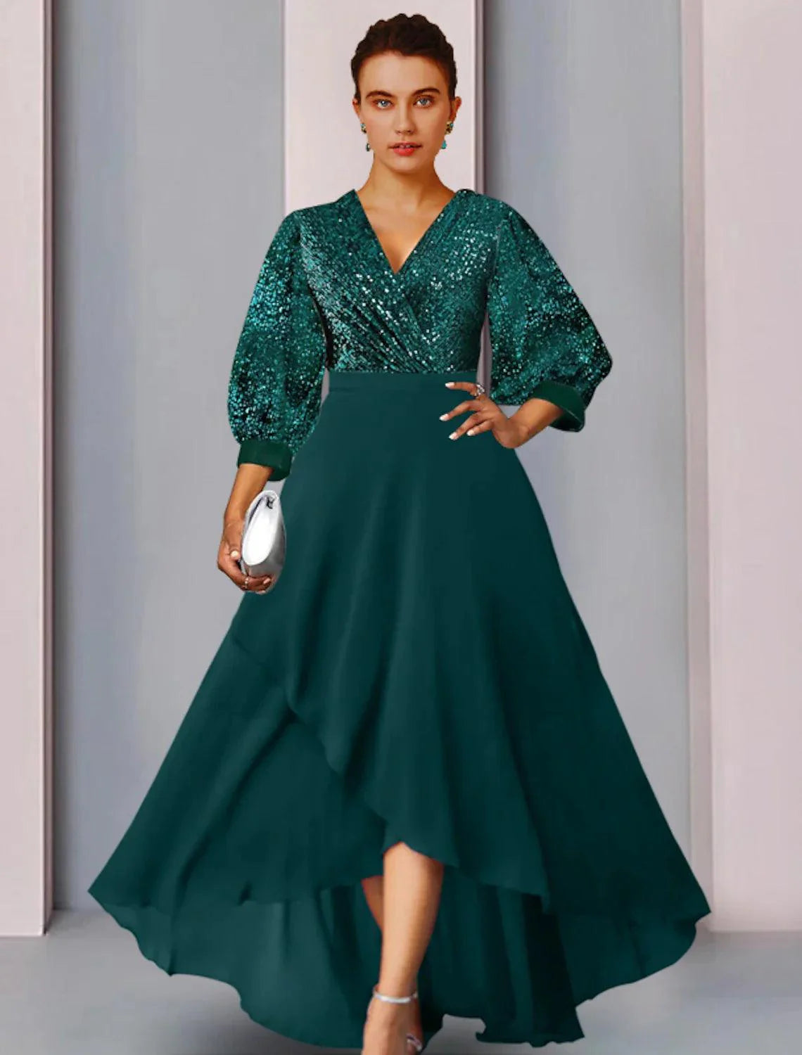 Vestido de mãe da noiva com bainha/coluna, elegante, brilhante, decote em V, assimétrico, chiffon, renda, manga comprida, com pregas, lantejoulas