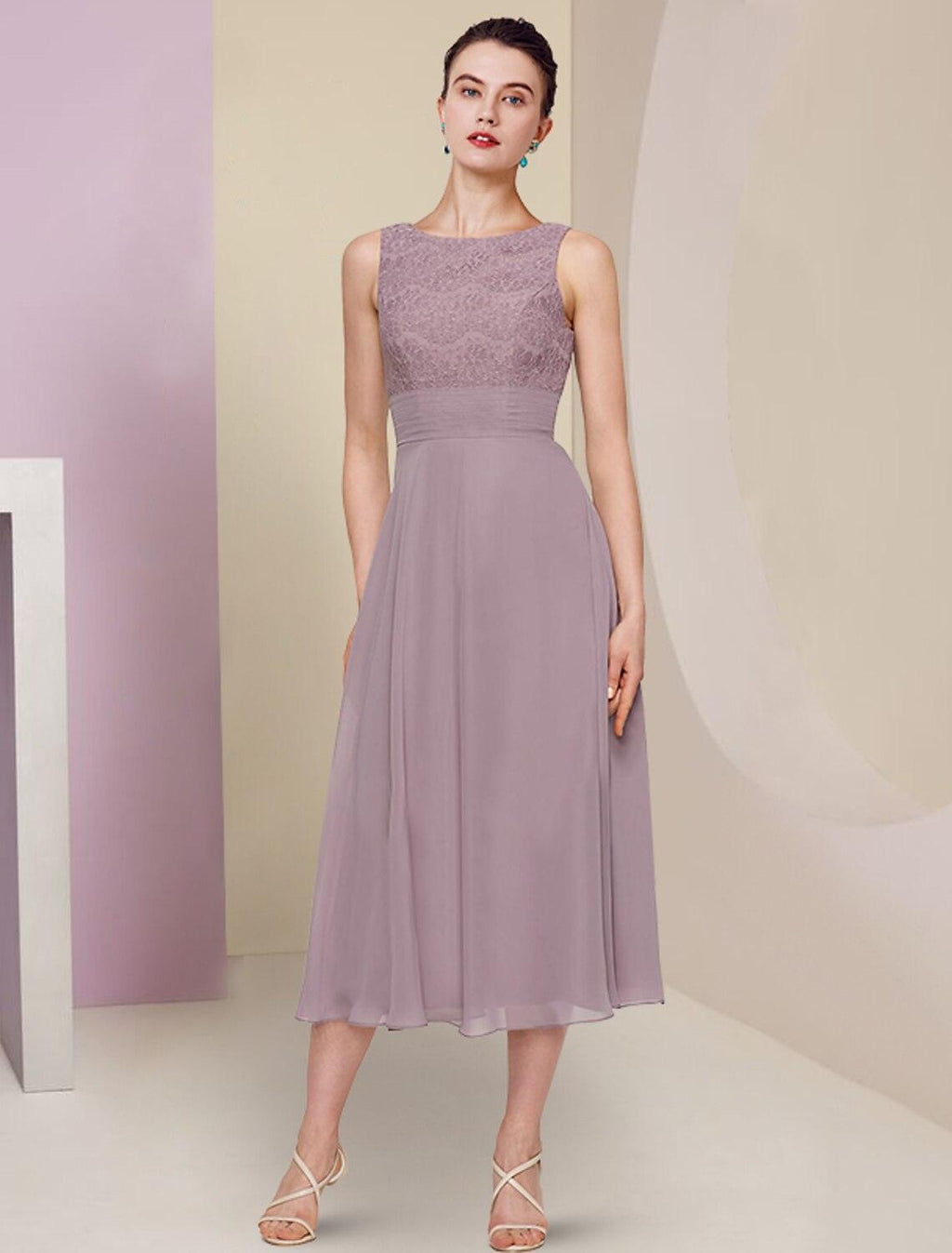 Vestido de mãe da noiva de duas peças, elegante, para casamento, igreja, decote em joia, comprimento chá, chiffon, renda, meia manga, cor sólida