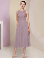 Vestido de mãe da noiva de duas peças, elegante, para casamento, igreja, decote em joia, comprimento chá, chiffon, renda, meia manga, cor sólida