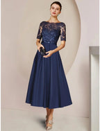 Vestido tubinho/coluna para mãe da noiva, festa de casamento, elegante, decote redondo, comprimento chá, cetim, renda, manga curta com laço(s), pregas, apliques