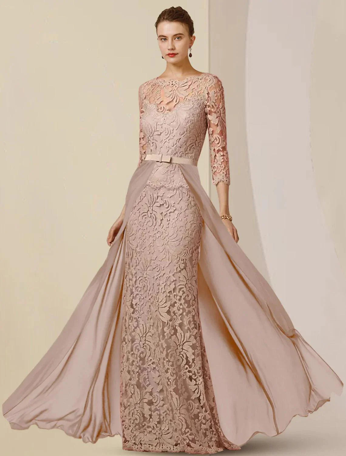Vestido tubinho/coluna para mãe da noiva, festa formal para convidados de casamento, elegante, decote redondo, comprimento até ao chão, chiffon, renda, manga 3/4 com laço(s), aplicações