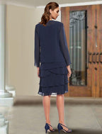 Vestido de mãe da noiva de duas peças, elegante, com decote redondo, comprimento até ao joelho, em chiffon e renda, sem mangas, com folhos e missangas