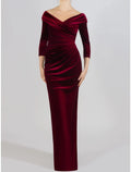 Etuikleid/Säulenkleid für die Brautmutter, elegantes Kleid für Hochzeitsgäste, schulterfrei, bodenlang, Samt, 3/4-Ärmel, geschlitzte Rüschen vorne