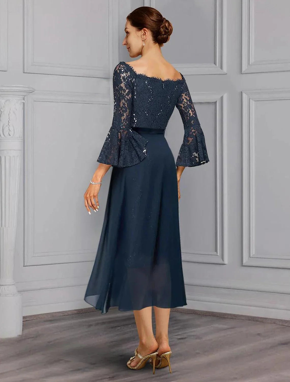 Formal Wedding Guest Elegant Party Off Shoulder Knee Length Chiffon Lace Imitated Silk 3/4 Length Sleeve with Bow(s) Mother of the Bride Dress