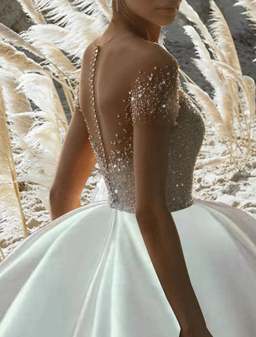 Verlobungs- und formelle Brautkleider, Ballkleid, schulterfrei, kurze Ärmel, Kapellenschleppe, Satin, Brautkleider mit Volltonfarbe
