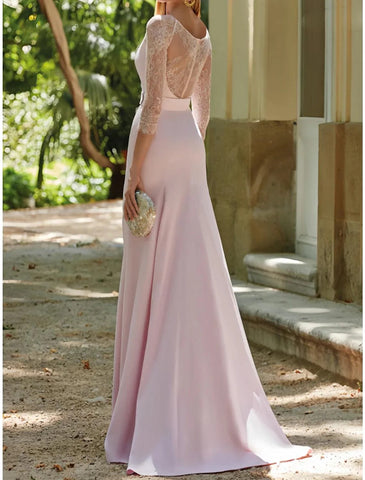 Meerjungfrau/Trompete Kleid für die Mutter der Braut, Hochzeitsgast, elegant, U-Ausschnitt, Schleppe/Pinselschleppe, Stretch-Stoff, 3/4-Ärmel mit Spitze, Schlitz vorne, Rüschen