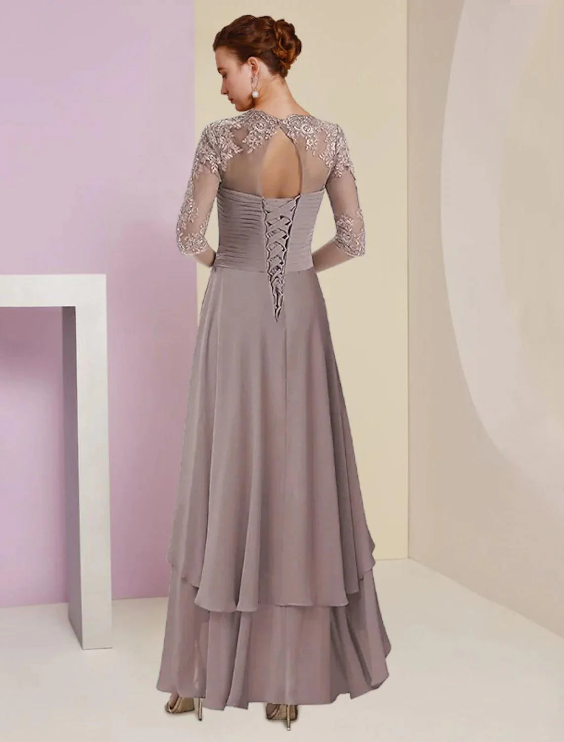 Vestido de mãe da noiva em duas peças, corte A, formal, para convidada de casamento, elegante, decote quadrado, assimétrico, comprimento chá, chiffon, renda, manga 3/4, wrap, incluído com aplicações franzidas