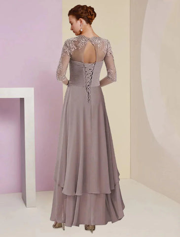 Zweiteiliges A-Linien-Kleid für die Mutter der Braut, formeller Hochzeitsgast, eleganter quadratischer Ausschnitt, asymmetrische Teelänge, Chiffon-Spitze, 3/4-Ärmel, Wickelkleid inklusive, mit gerüschten Stufenapplikationen