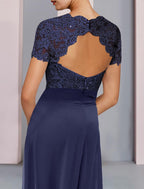 Vestido de mãe da noiva de duas peças, estilo coluna, formal, para convidada de casamento, elegante, decote quadrado, comprimento até ao joelho, chiffon, renda, manga curta com laço(s), missangas