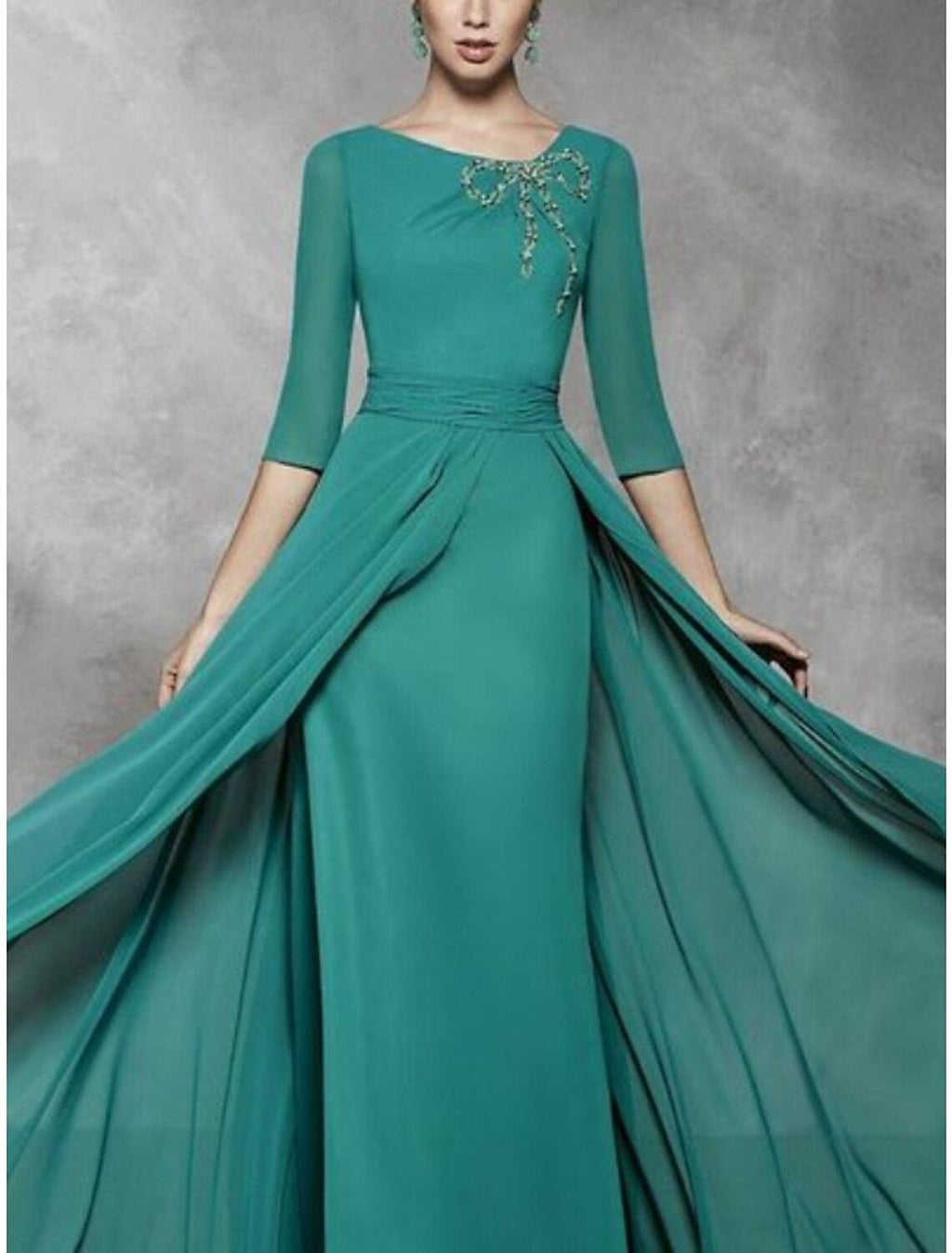 Abito da Madrina della Sposa in Chiffon con Scollo a Barchetta, Manica Mezza, Lunghezza Pavimento, Stile Vintage, con Perline e Arricciature per Cerimonie e Feste Formali