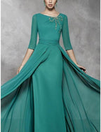 Abito da Madrina della Sposa in Chiffon con Scollo a Barchetta, Manica Mezza, Lunghezza Pavimento, Stile Vintage, con Perline e Arricciature per Cerimonie e Feste Formali