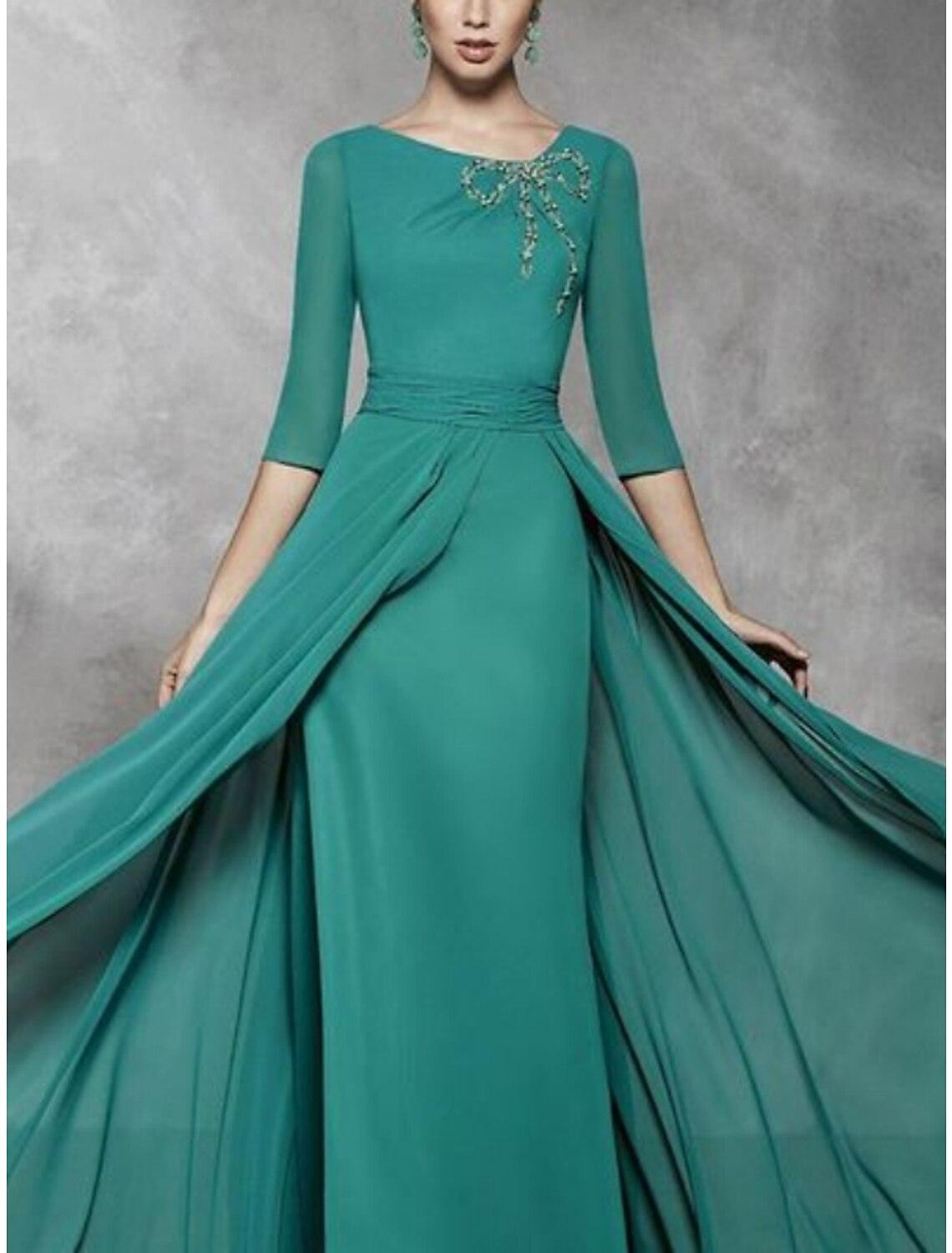 Vestido de mãe da noiva com bainha/coluna, festa formal, vintage, decote redondo, comprimento até ao chão, chiffon, manga curta com missangas, franzido