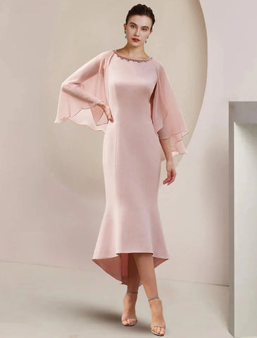 Meerjungfrau/Trompete Kleid für die Mutter der Braut, formelle Hochzeit, Gastparty, Vintage, elegant, U-Ausschnitt, asymmetrisch, knielang, Chiffon, ärmellos, mit Perlen