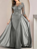 Abito da Madre della Sposa / Colonna in Chiffon e Pizzo con Scollo a Cuore, Maniche Lunghe, Lunghezza Pavimento, Elegante, con Applicazioni di Perline, per Ospiti di Nozze Formali