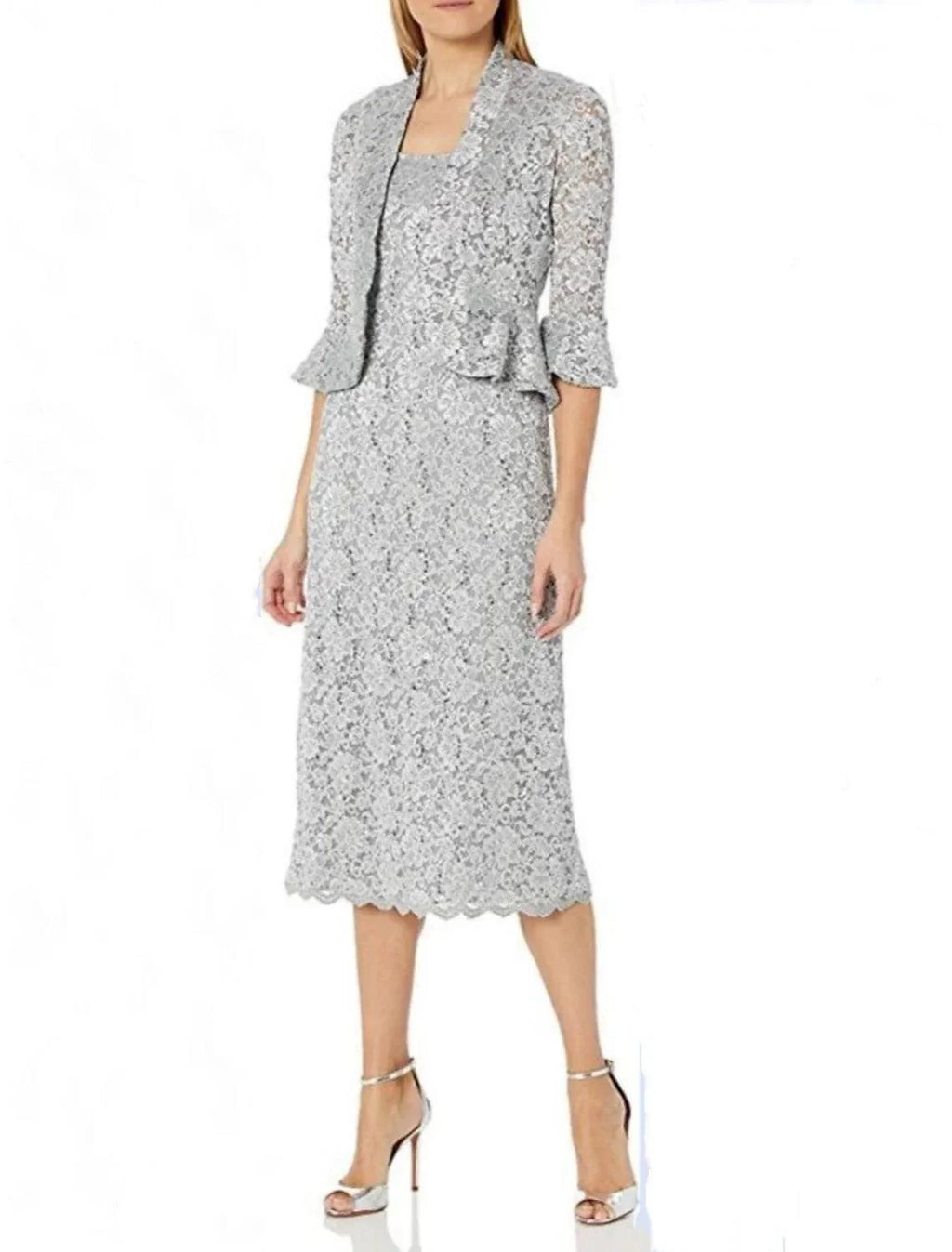 Vestido mãe da noiva elegante, minimalista, decote redondo, comprimento chá, renda, manga 3/4, com racha frontal