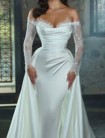 Verlobungs-/Formal-Brautkleider für den Herbst, Etui-/Säulen-Stil, schulterfrei, lange Ärmel, Kapellenschleppe, Satin-Brautkleider mit Applikationen, einfarbig, Sommer-Hochzeitsfeier