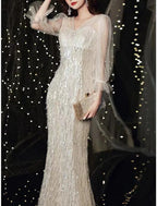 Mermaid / Trumpet Mother of the Bride Dress Wedding Guest Party Sparkle & Shine Petite V Neck Floor Length Tulle Sequined 3/4 Length Sleeve with Feather Pearls