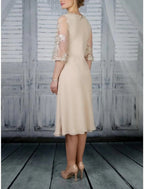 Etuikleid/Säulenkleid für die Brautmutter, Hochzeitsgast, Party, elegant, U-Ausschnitt, knielang, Chiffon, Spitze, halbe Ärmel mit Rüschen, einfarbig