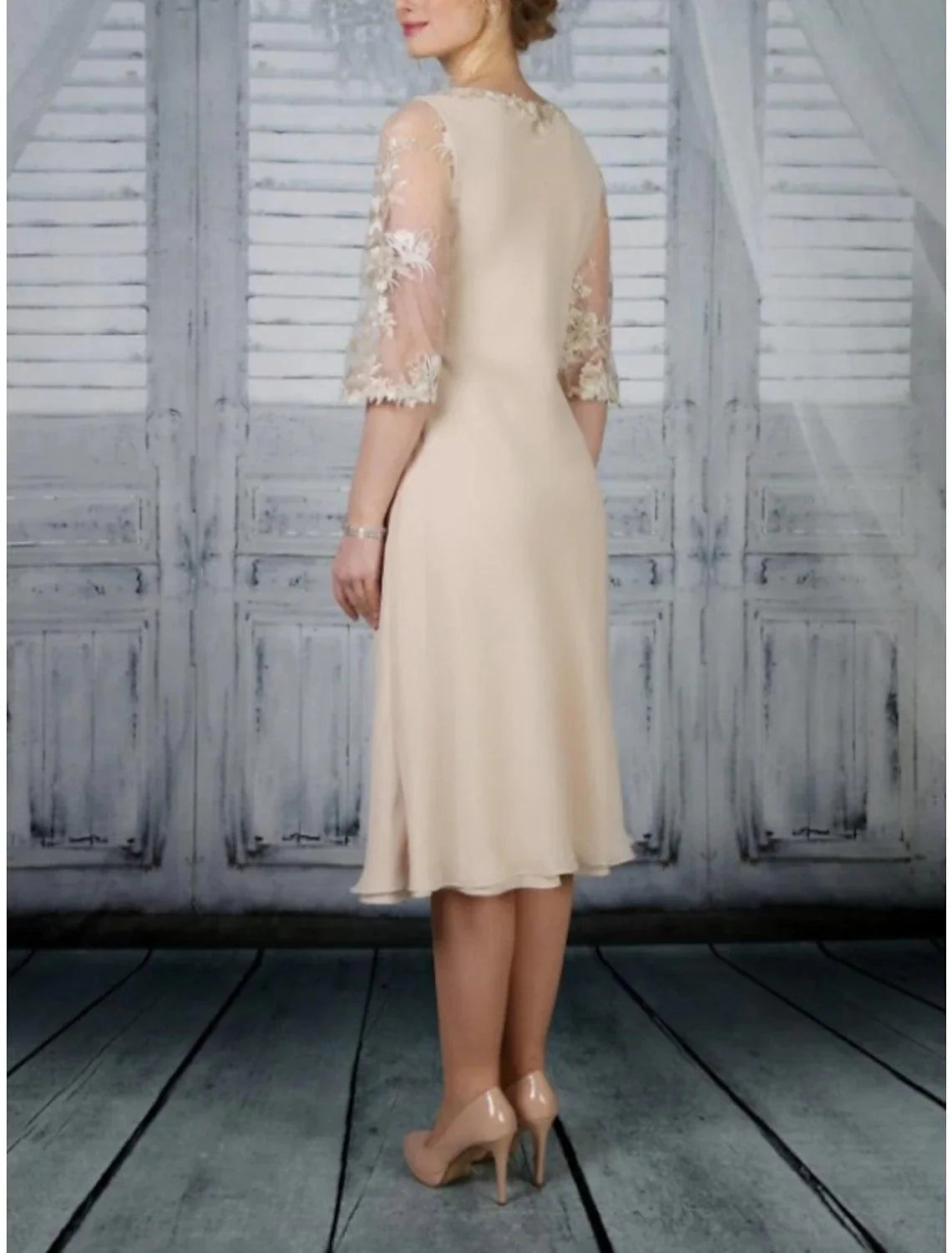 Vestido tubinho/coluna para mãe da noiva, festa de casamento, elegante, decote redondo, comprimento chá, chiffon, renda, meia manga com folhos, cor sólida