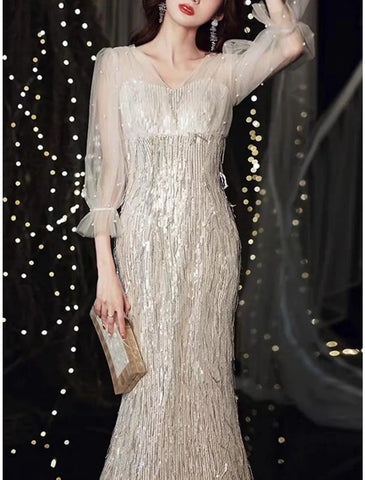 Meerjungfrau/Trompete Kleid für die Mutter der Braut, Hochzeitsgast, Party, Sparkle &amp; Shine, Petite, V-Ausschnitt, bodenlang, Tüll, Pailletten, 3/4-Ärmel mit Federperlen