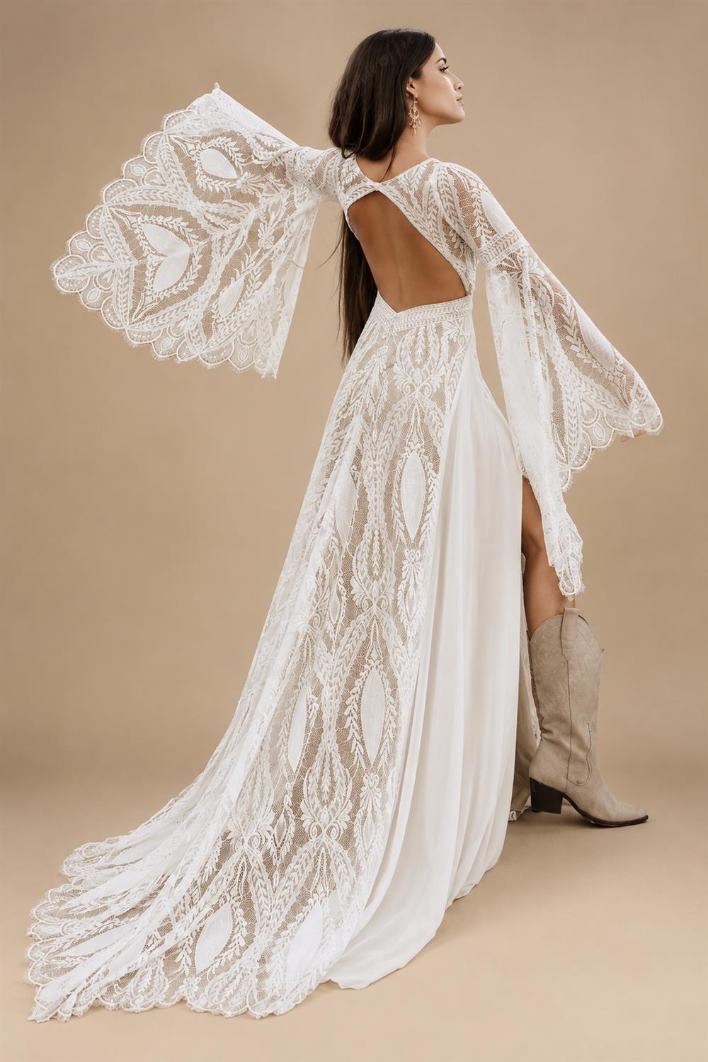 Bohemian Wedding Dress Split V-Neck Customized Bell Sleeve Backless A-line Chiffon Lace Bridal Wedding Dress