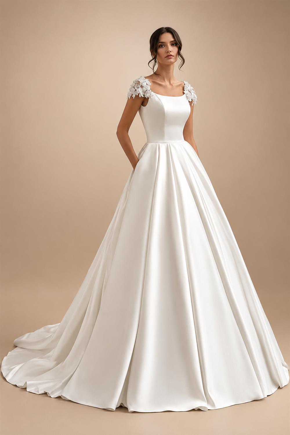Satin Wedding Dress Bridal Skirt Lady A-Line Trailing Applique Short Sleeves Vestidos Para Mujer Customized