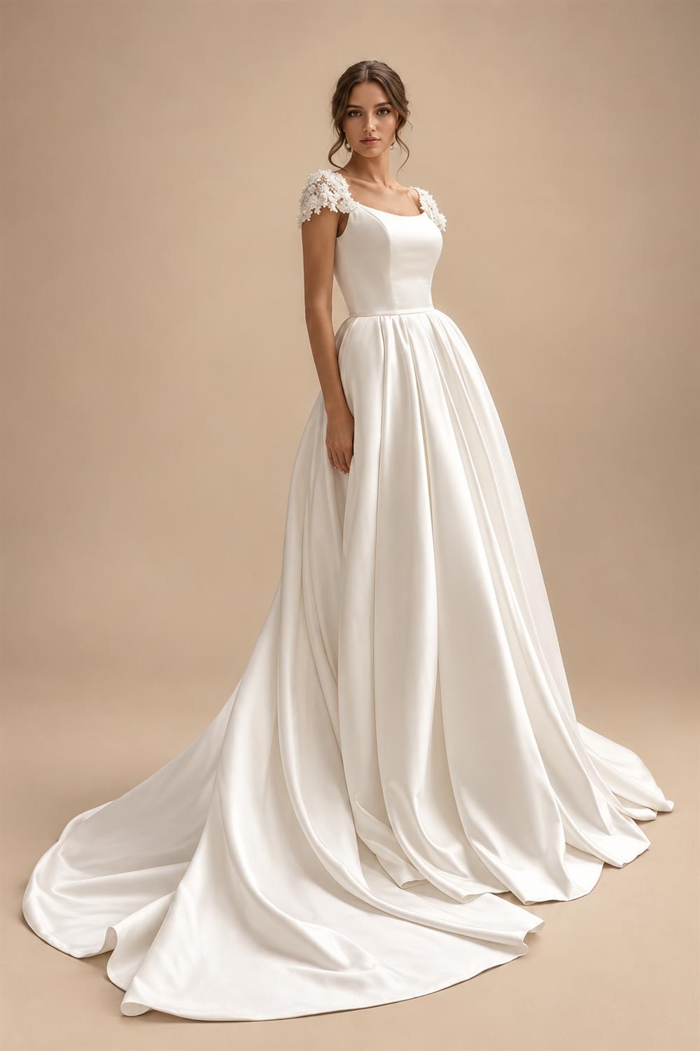Satin Wedding Dress Bridal Skirt Lady A-Line Trailing Applique Short Sleeves Vestidos Para Mujer Customized
