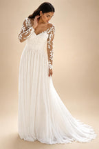 Boho Beach V-Neck Lace Chiffon Wedding Dress for Women A-Line Sweep Train Long Sleeves Bride Gown Vestido Customized
