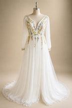 Embroidery Flower Puff Sleeve Boho Wedding Dress Lace Up Back Chiffon Floor-length A-line Bridal Gown Customized