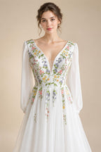 Embroidery Flower Puff Sleeve Boho Wedding Dress Lace Up Back Chiffon Floor-length A-line Bridal Gown Customized
